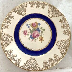 Translucent China Dinner Plate Made In Usa Cobalt Gold 8 Piece Set 1940's-1960's